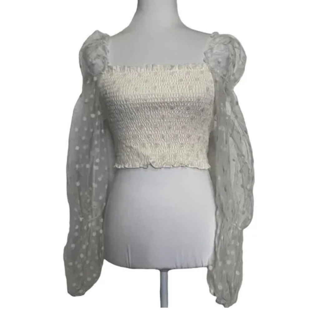 White smock crop top with mesh/polka dot sleeves